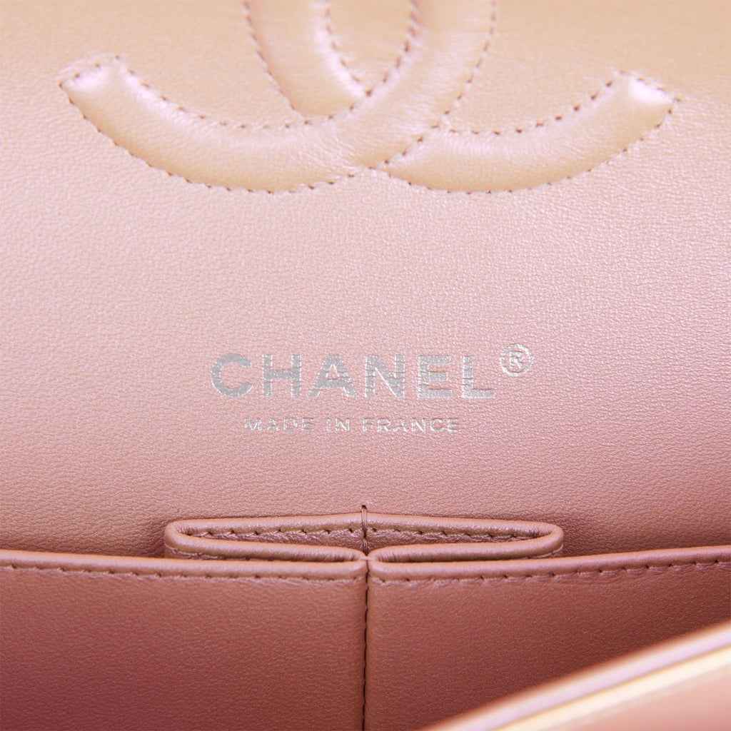 Chanel Medium Classic Double Flap Bag Pink Iridescent Lambskin Silver Hardware