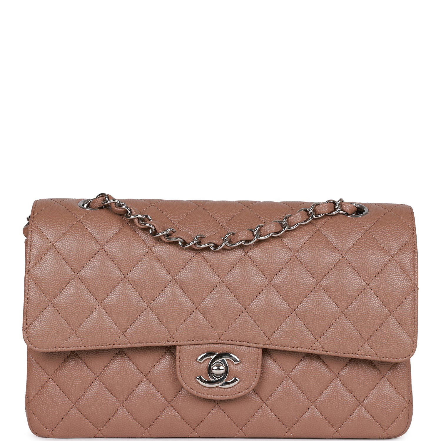 Pre-owned Chanel Medium Classic Double Flap Bag Beige Caviar Silver Hardware