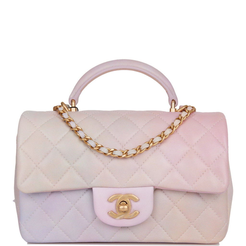 Chanel Mini Rectangular Flap Bag with Top Handle Light Pink Ombre Lambskin Antique Gold Hardware - Remaing Amount NR