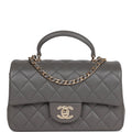 Chanel Mini Rectangular Flap Bag with Top Handle Dark Grey Lambskin Light Gold Hardware