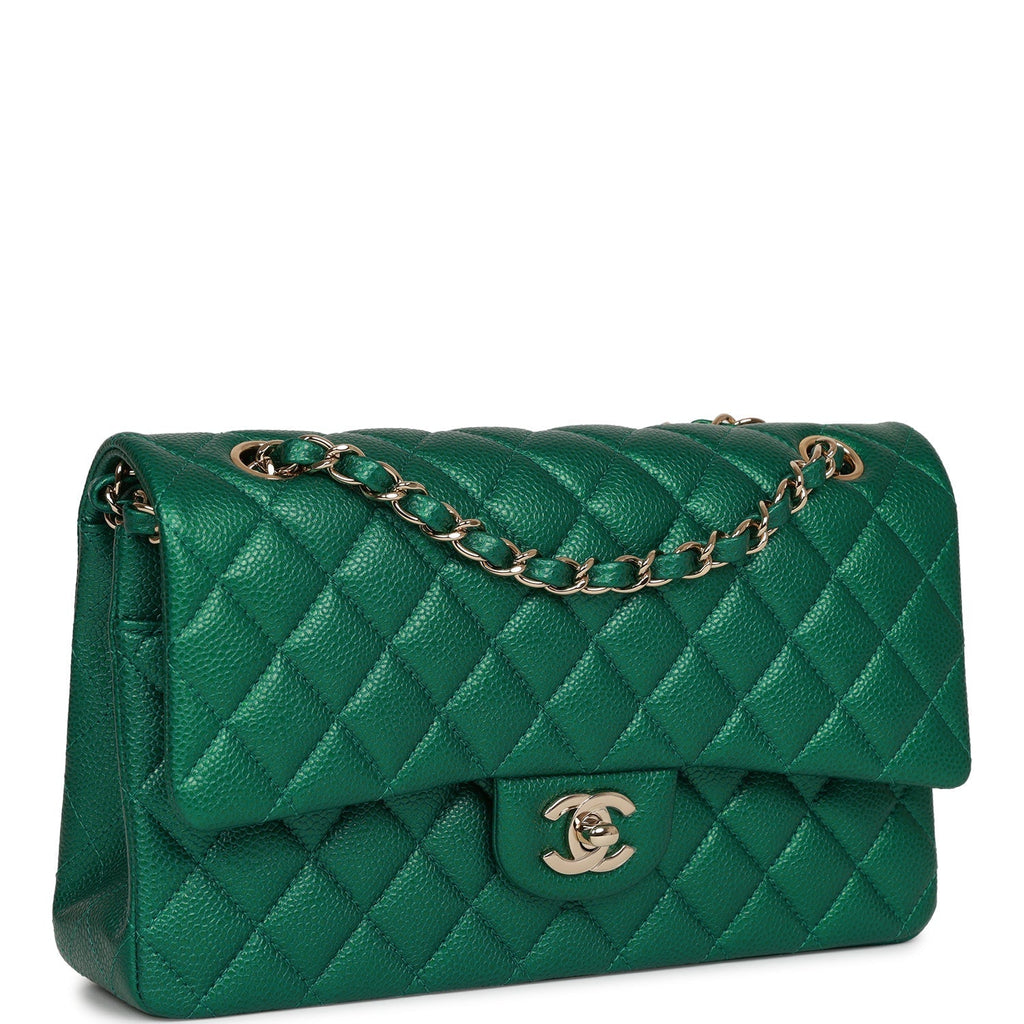 Pre-owned Chanel Medium Classic Double Flap Bag Green Metallic Caviar Light Gold Hardware