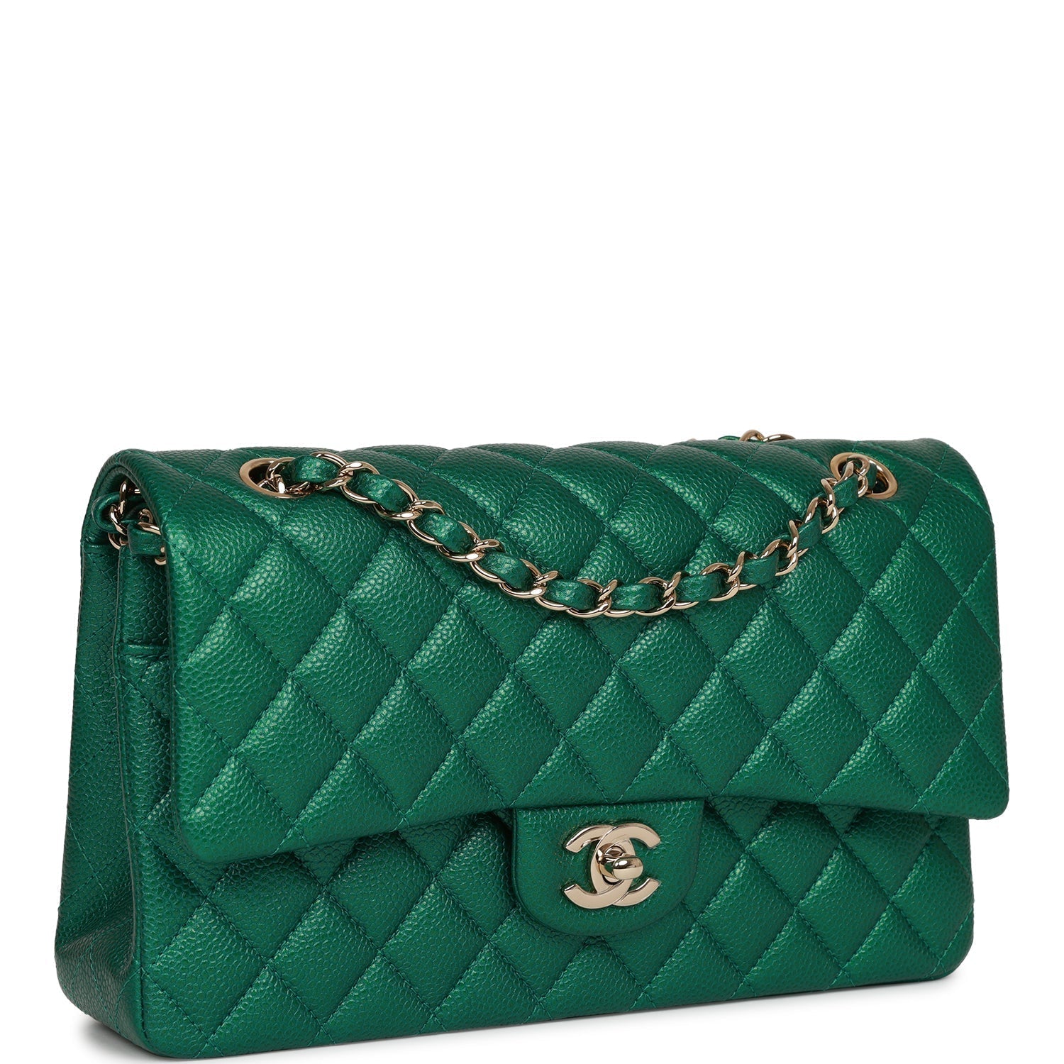 Pre-owned Chanel Medium Classic Double Flap Bag Green Metallic Caviar Light Gold Hardware