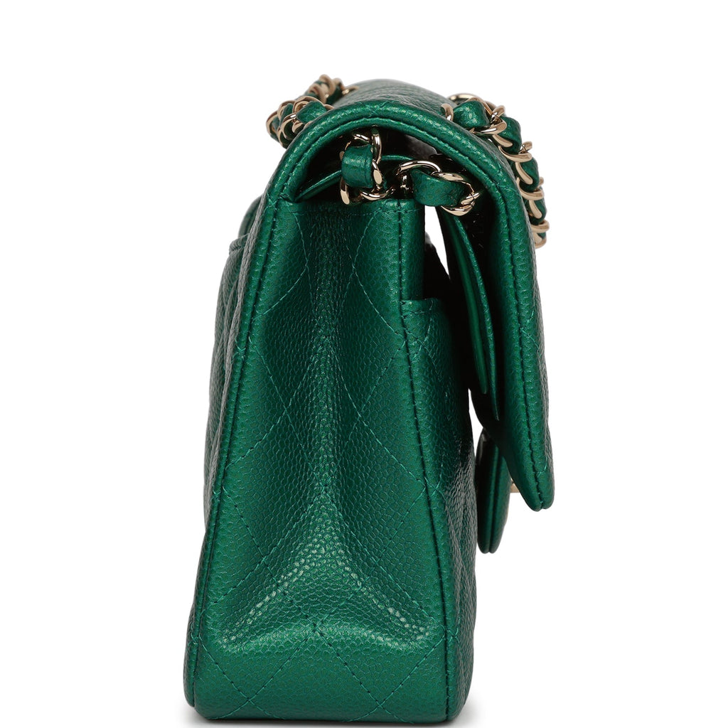 Pre-owned Chanel Medium Classic Double Flap Bag Green Metallic Caviar Light Gold Hardware