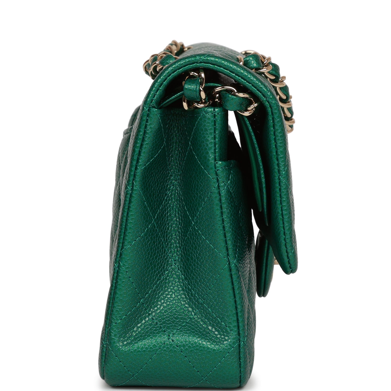 Pre-owned Chanel Medium Classic Double Flap Bag Green Metallic Caviar Light Gold Hardware