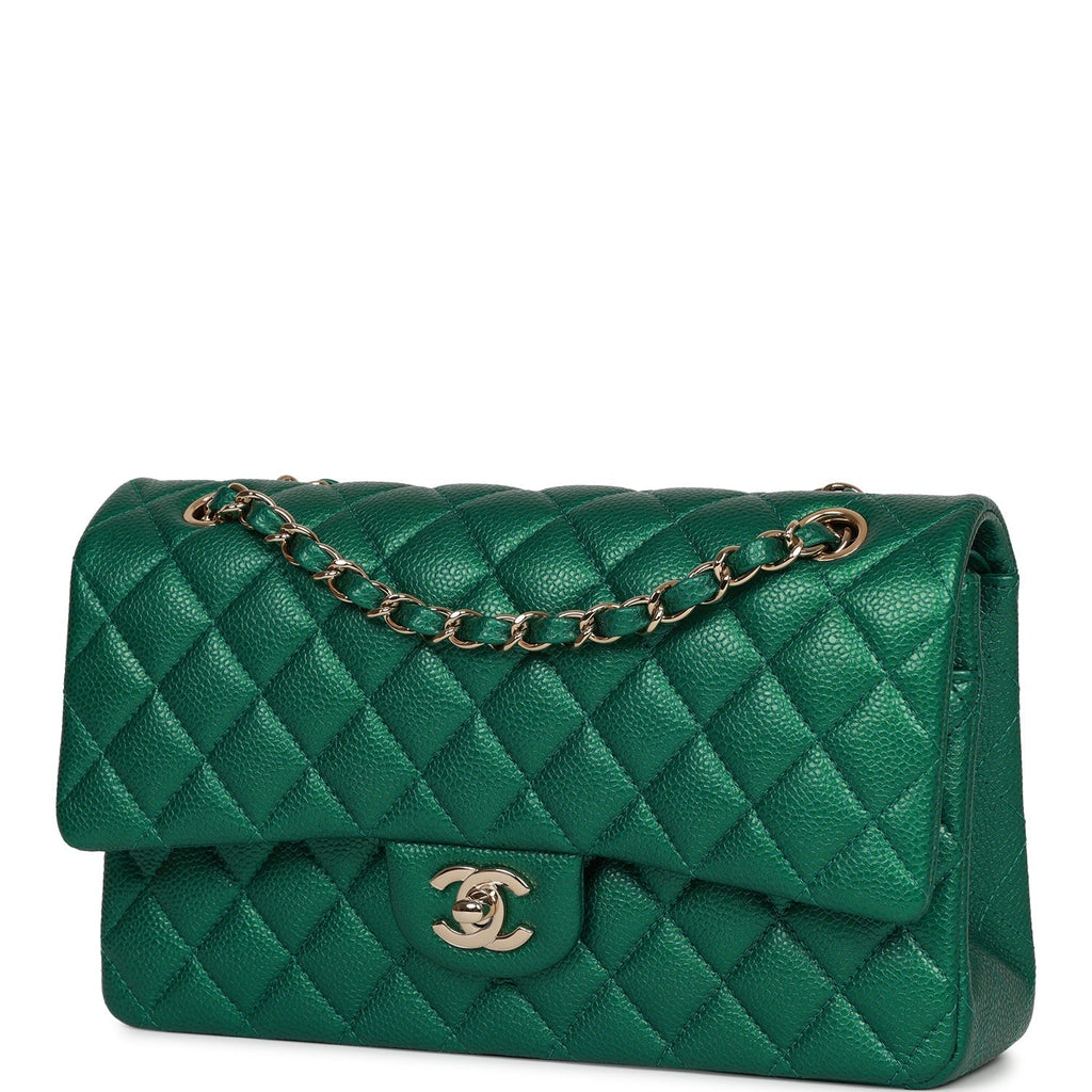 Pre-owned Chanel Medium Classic Double Flap Bag Green Metallic Caviar Light Gold Hardware