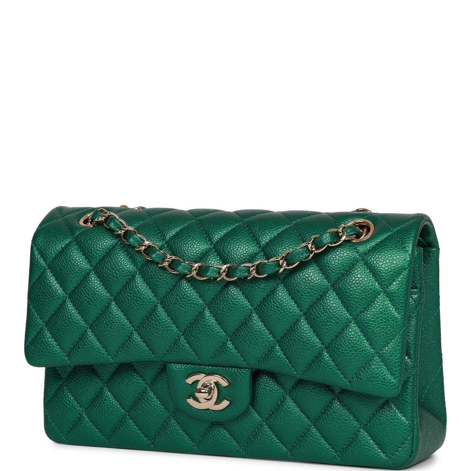 Pre-owned Chanel Medium Classic Double Flap Bag Green Metallic Caviar Light Gold Hardware