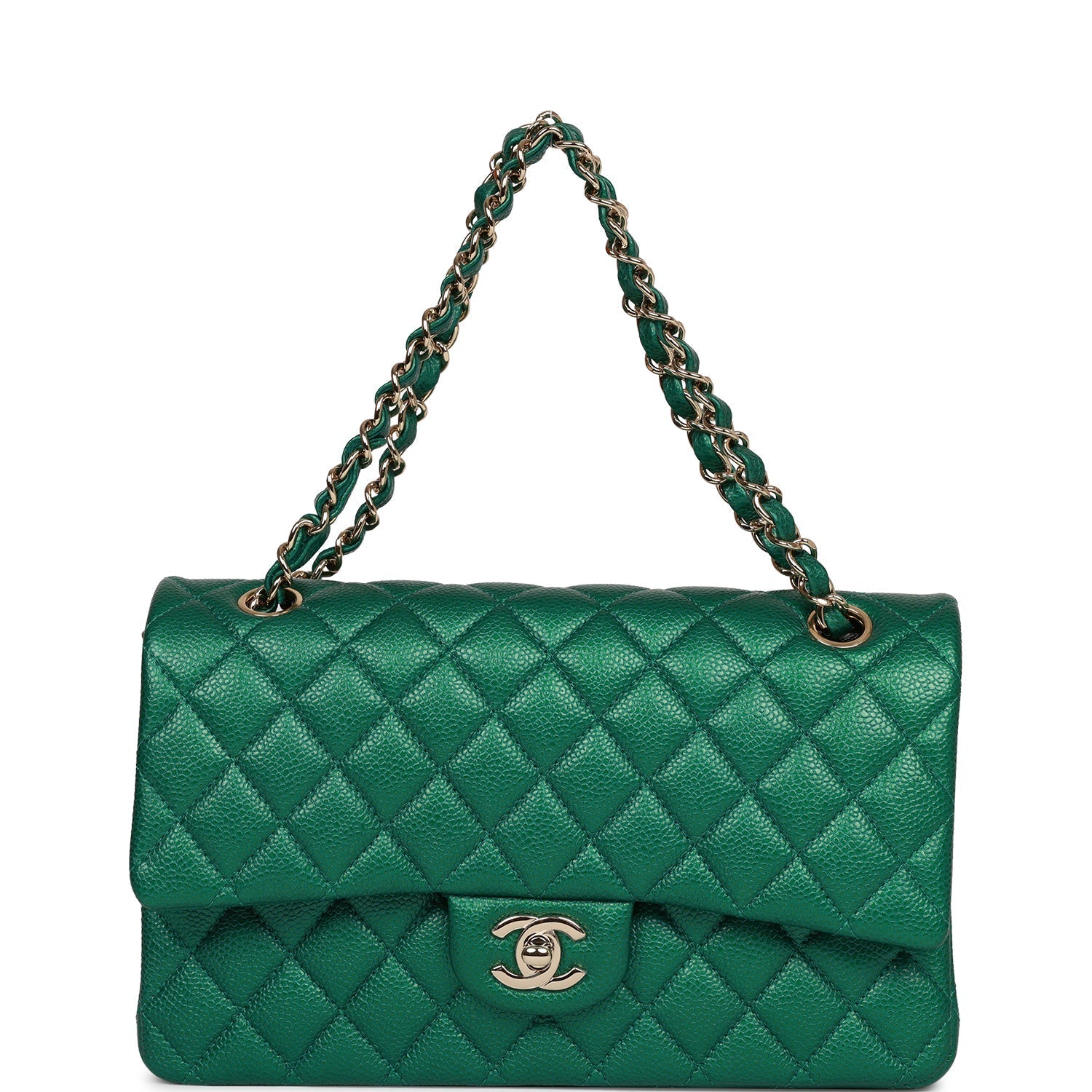 Pre-owned Chanel Medium Classic Double Flap Bag Green Metallic Caviar Light Gold Hardware
