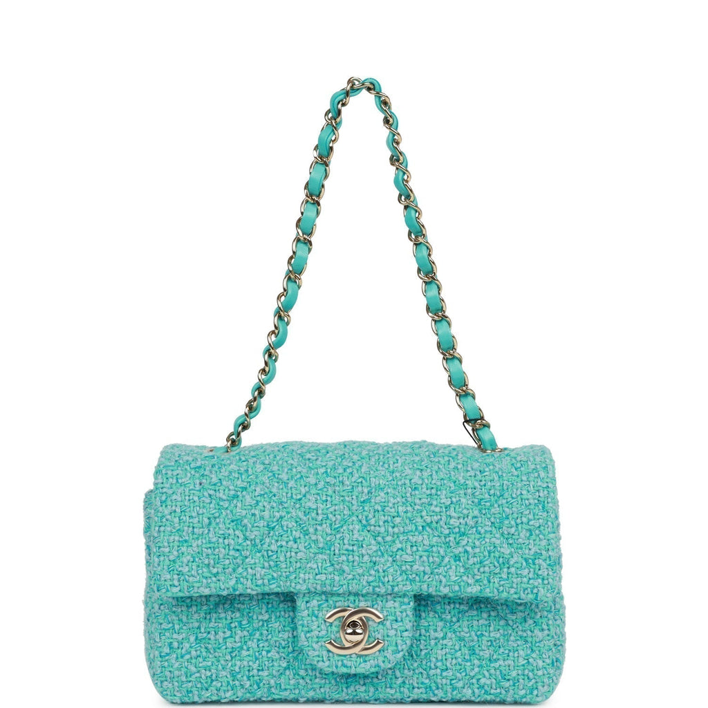Chanel Mini Rectangular Flap Bag Blue Tweed Light Gold Hardware
