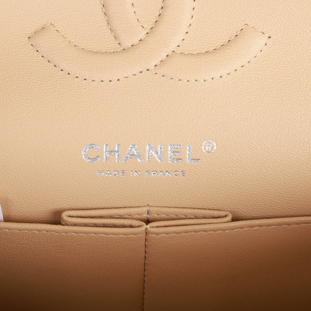 Chanel Medium Classic Double Flap Bag Beige Caviar Silver Hardware