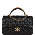 Chanel Mini Rectangular Flap with Top Handle Black Lambskin Antique Gold Hardware