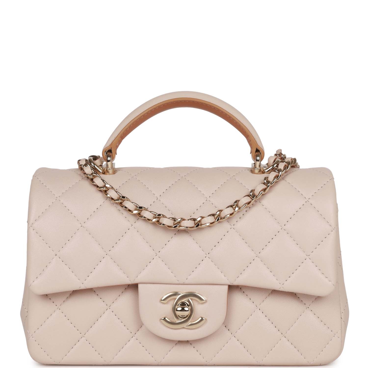 Chanel Medium Flap with Top Handle Beige and Caramel Lambskin Light Gold Hardware