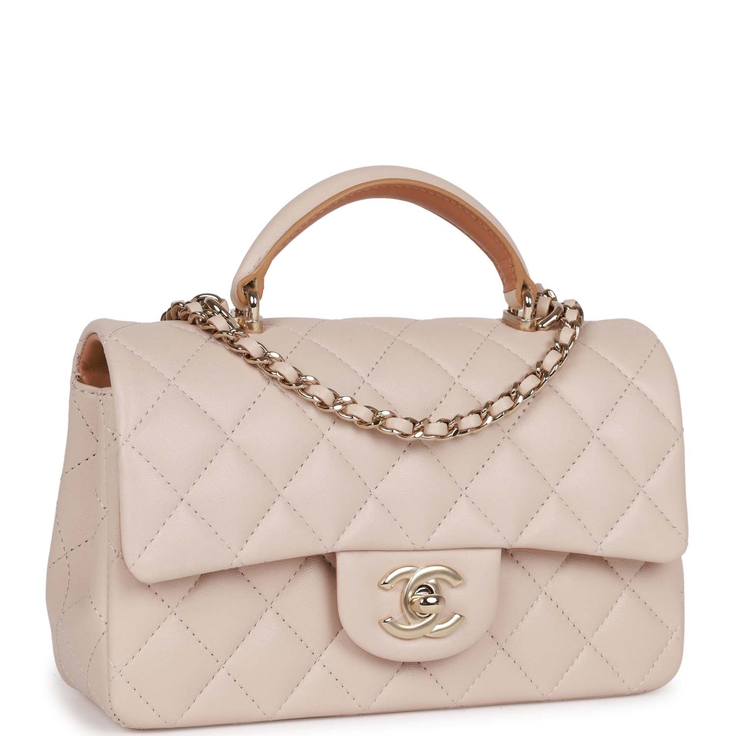 Chanel Medium Flap with Top Handle Beige and Caramel Lambskin Light Gold Hardware