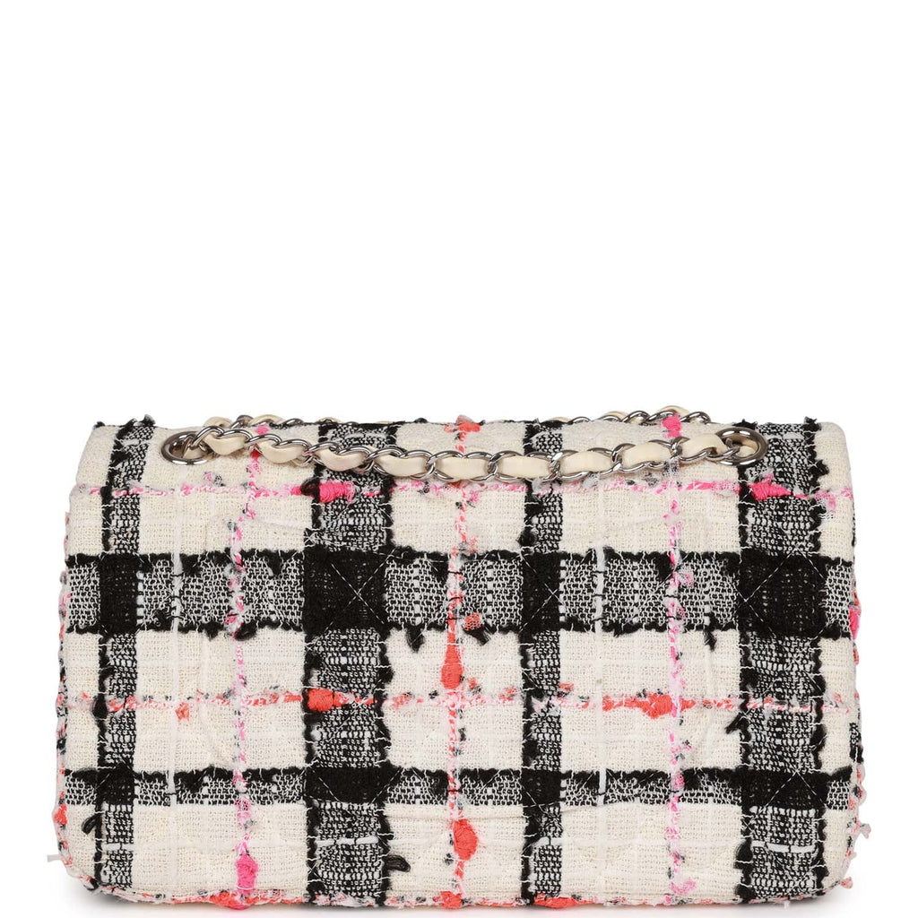 Pre-owned Chanel Medium Classic Double Flap Bag White, Black, and Pink Tweed Silver Hardware