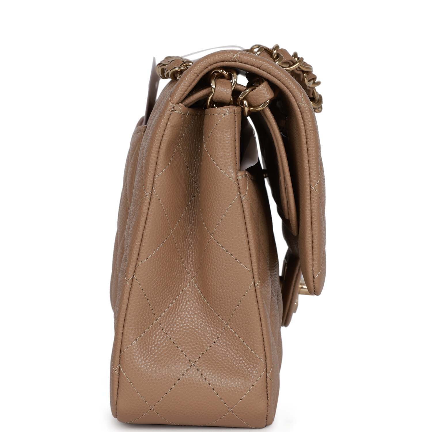 Chanel Medium Classic Double Flap Bag Dark Beige Caviar Light Gold Hardware