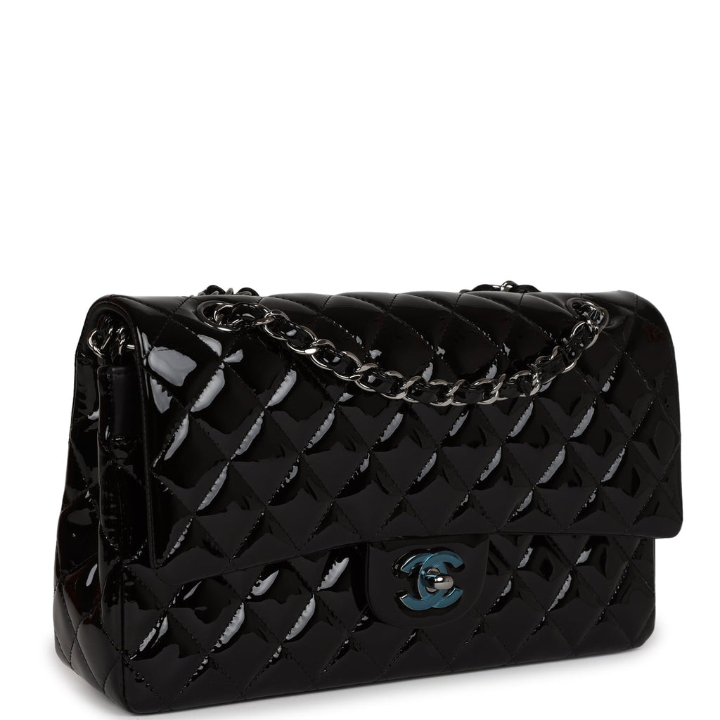 Chanel Medium Classic Double Flap Bag Black Patent Leather Silver Hardware