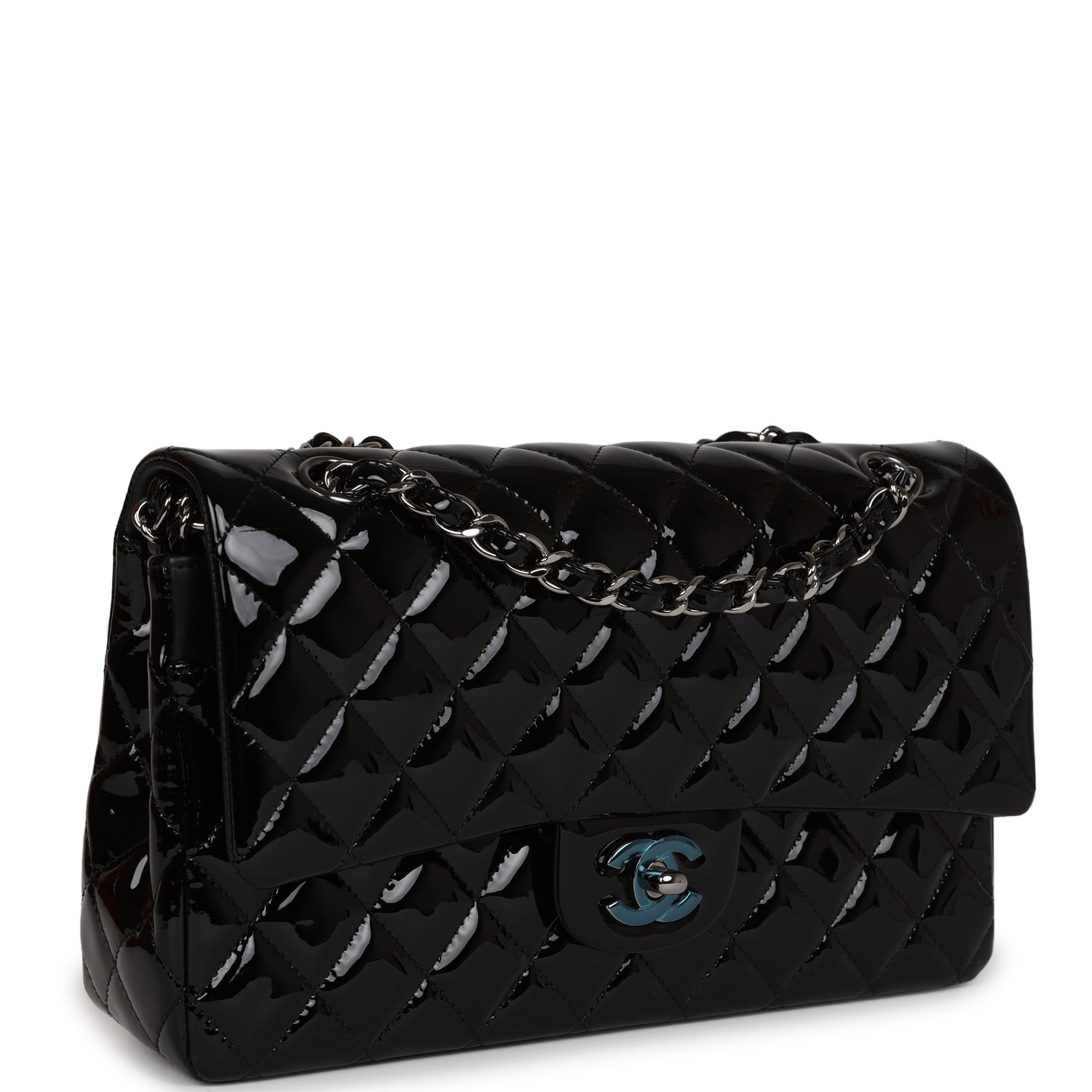 Chanel Medium Classic Double Flap Bag Black Patent Leather Silver Hardware