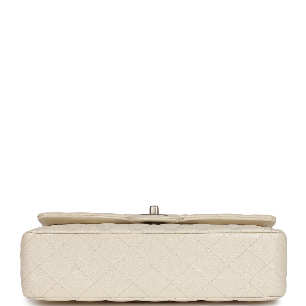 Pre-owned Chanel Medium Classic Double Flap Pearlescent Ivory Caviar Brushed Silver Hardware