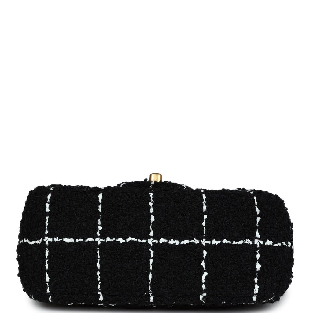 Chanel Pearl Crush Mini Square Flap Bag White and Black Tweed Antique Gold Hardware