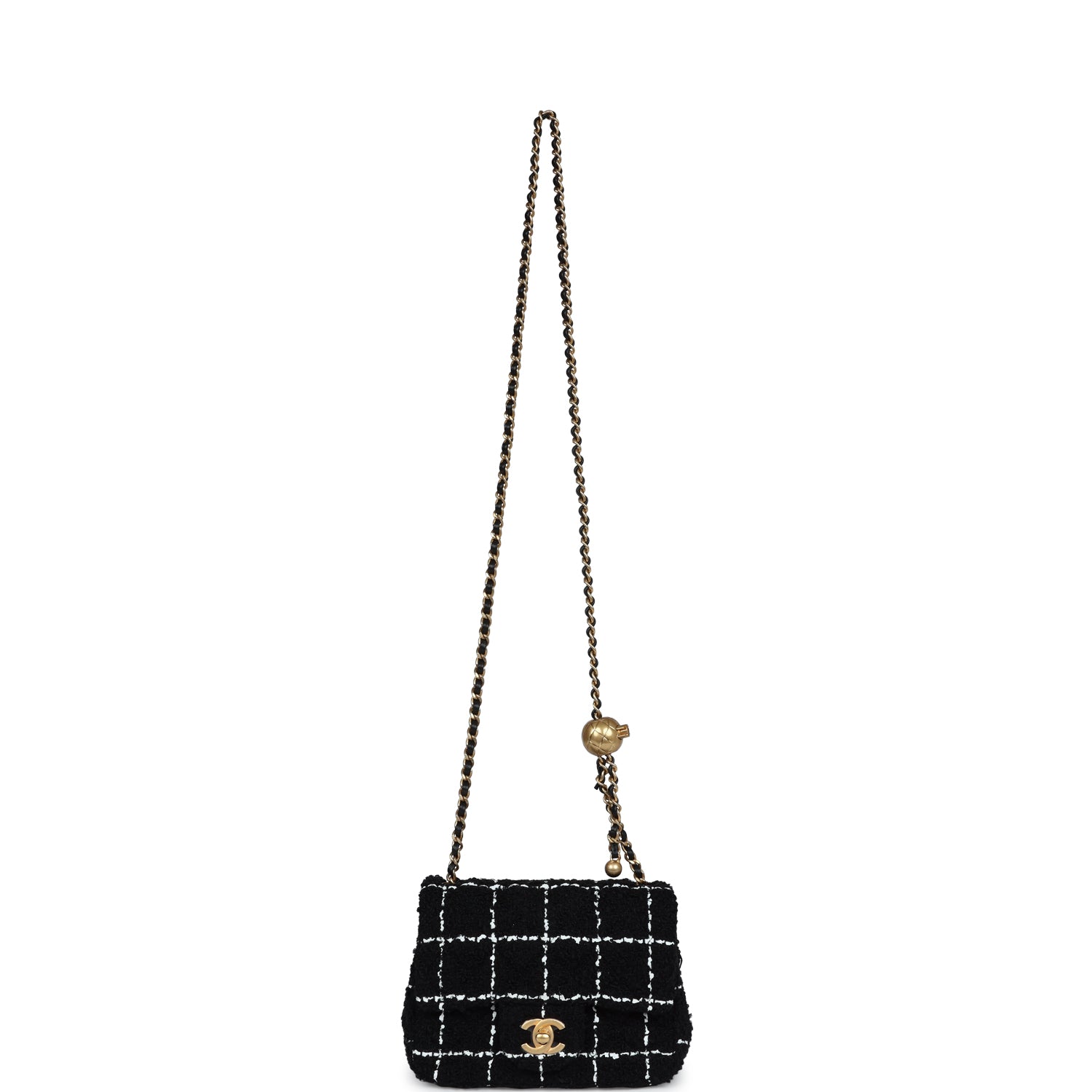 Chanel Pearl Crush Mini Square Flap Bag White and Black Tweed Antique Gold Hardware