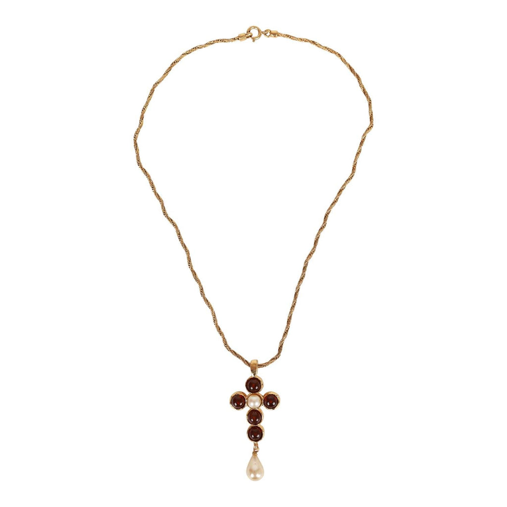Vintage Chanel Gold Gripoix and Pearl Embellished Cross Pendant Necklace
