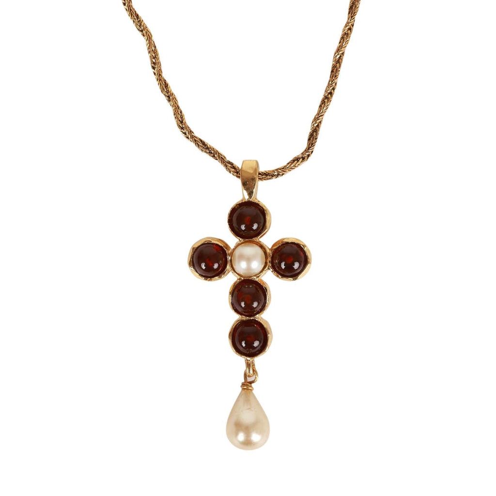Vintage Chanel Gold Gripoix and Pearl Embellished Cross Pendant Necklace