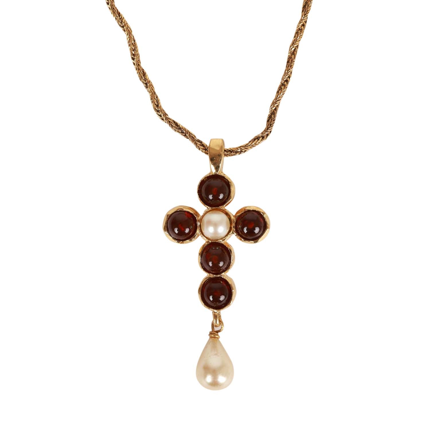 Vintage Chanel Gold Gripoix and Pearl Embellished Cross Pendant Necklace