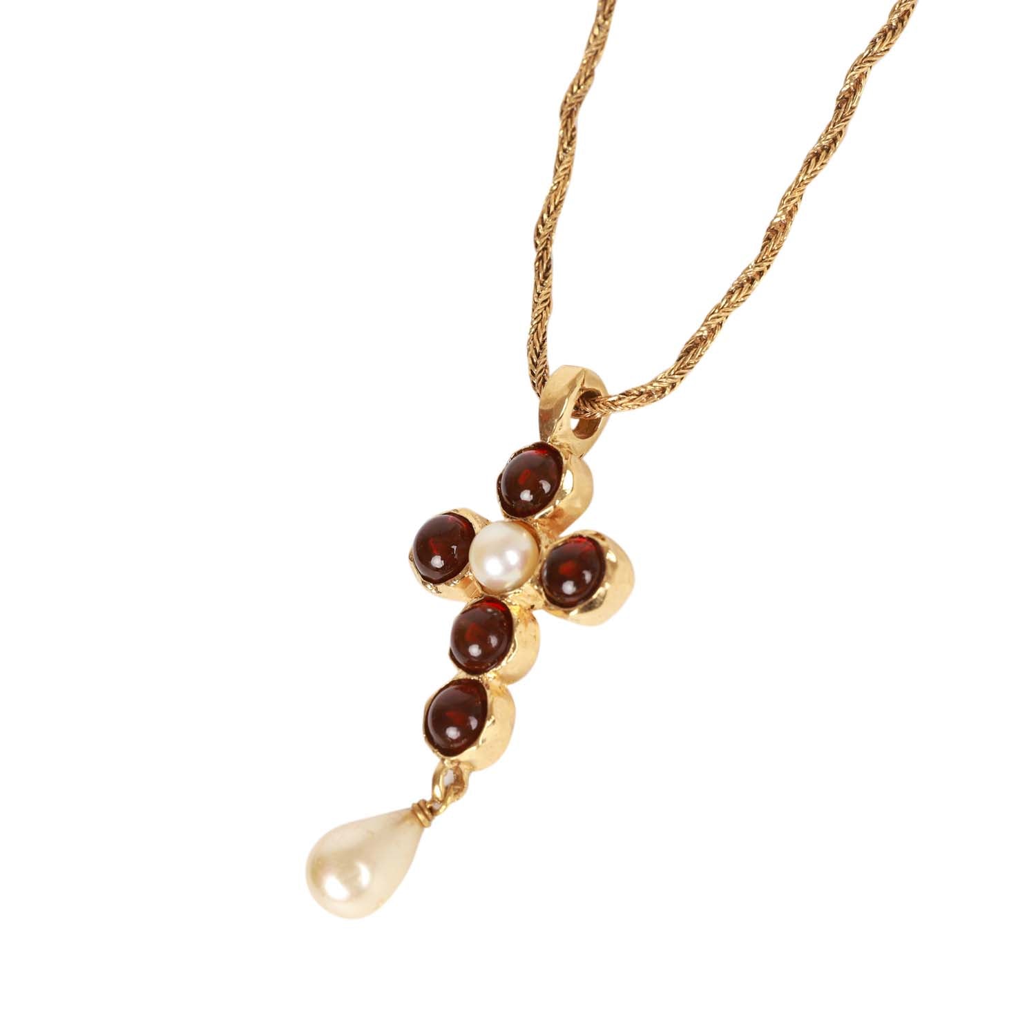 Vintage Chanel Gold Gripoix and Pearl Embellished Cross Pendant Necklace