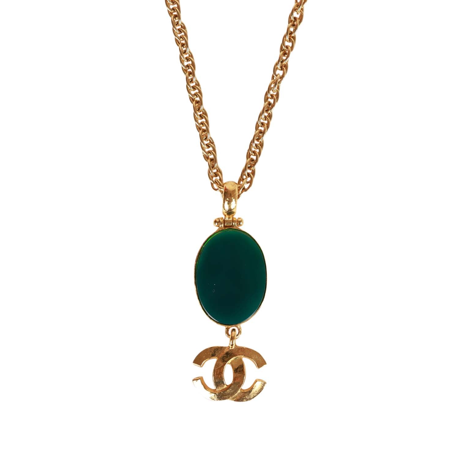 Vintage Chanel Gold Plated Hanging Green Gripoix and CC Pendant Necklace