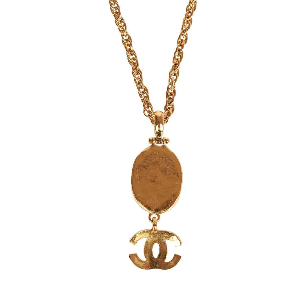Vintage Chanel Gold Plated Hanging Green Gripoix and CC Pendant Necklace