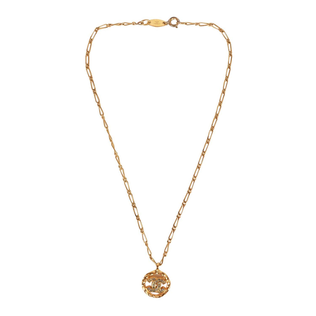 Vintage Chanel Gold Plated Crystal CC Charm Necklace