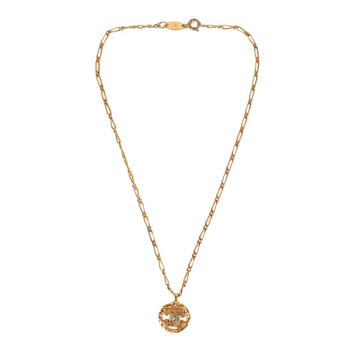 Vintage Chanel Gold Plated Crystal CC Charm Necklace
