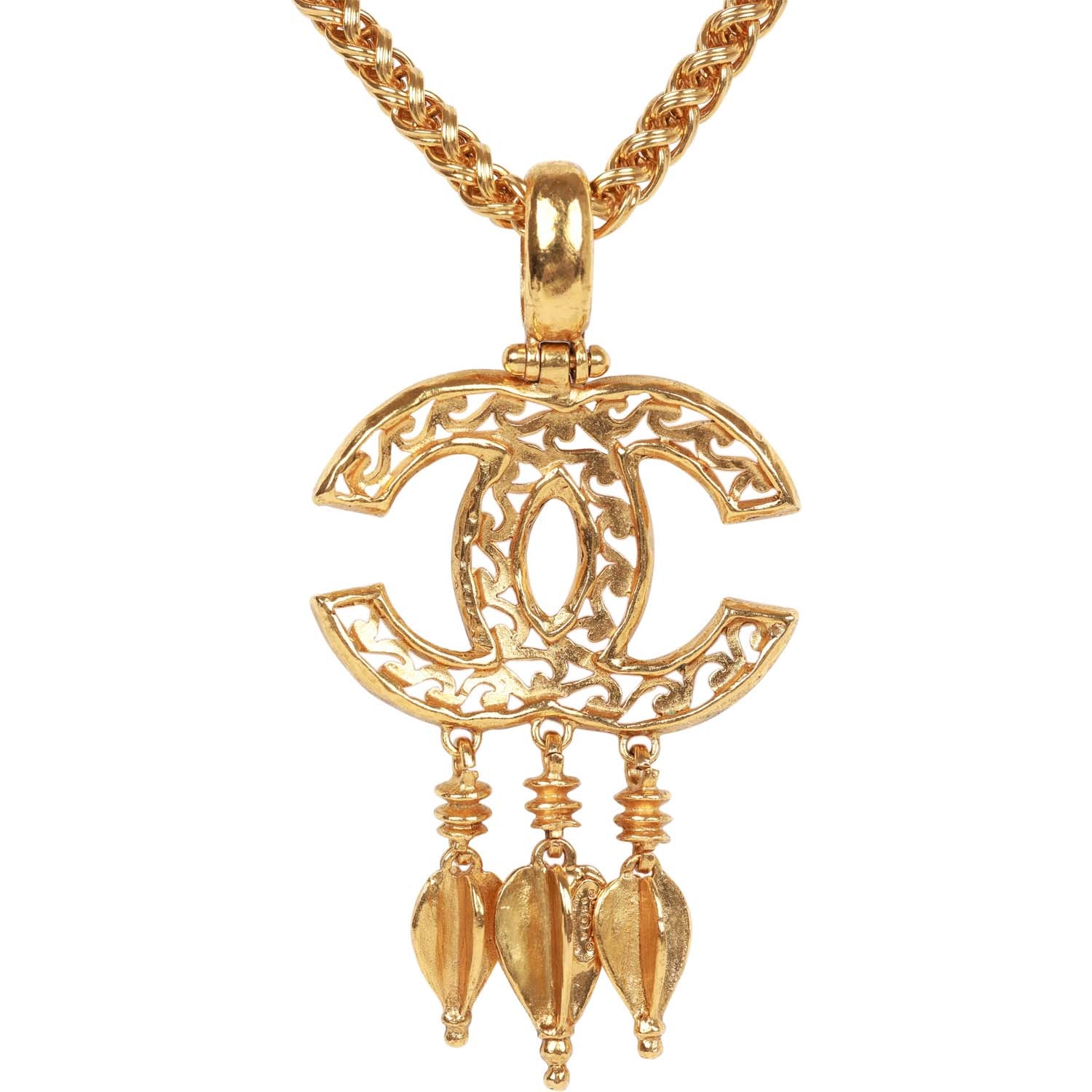 Vintage Chanel Gold Plated Fringe CC Pendant Necklace