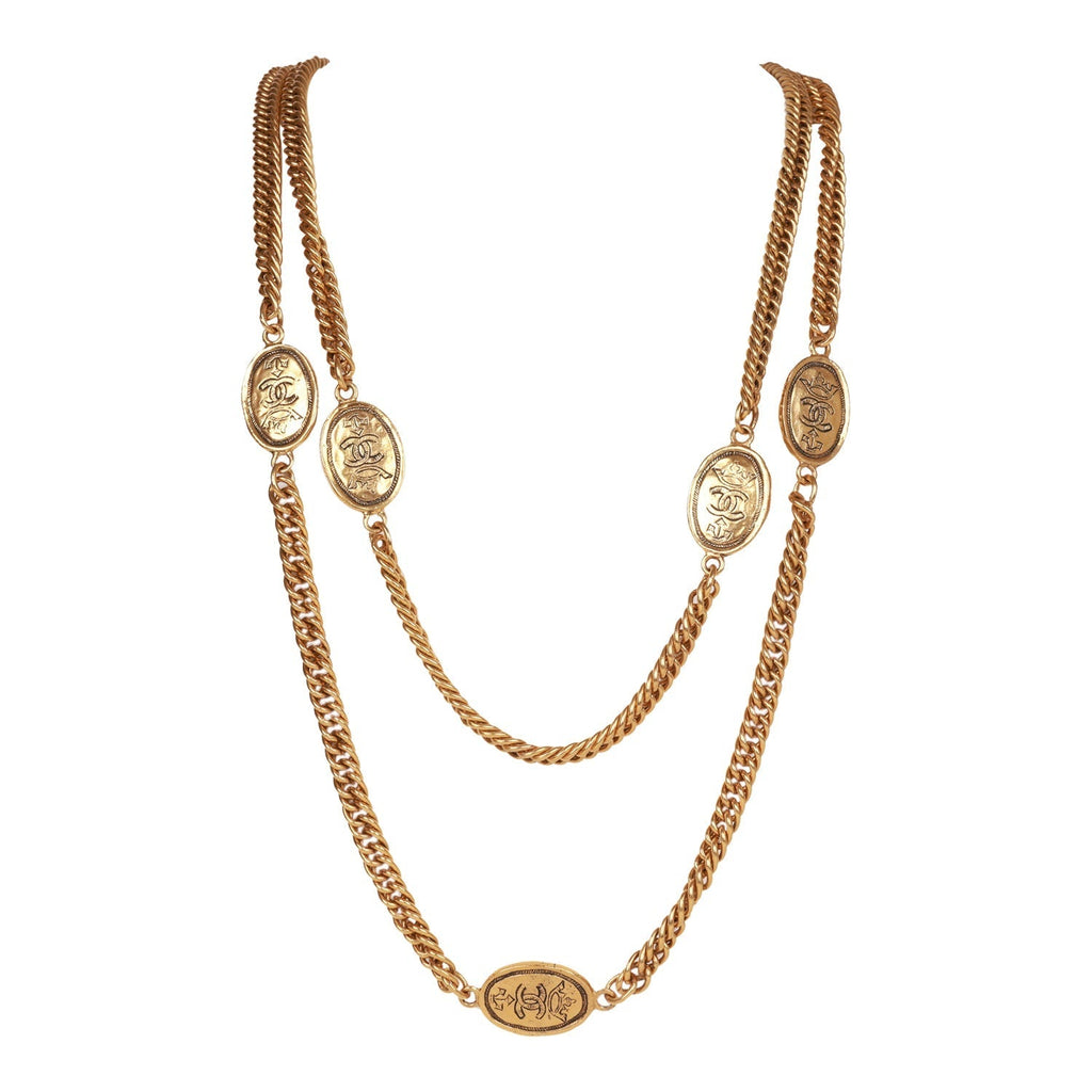 Vintage Chanel Gold Plated CC Oval Coin Charm Sautoir Necklace