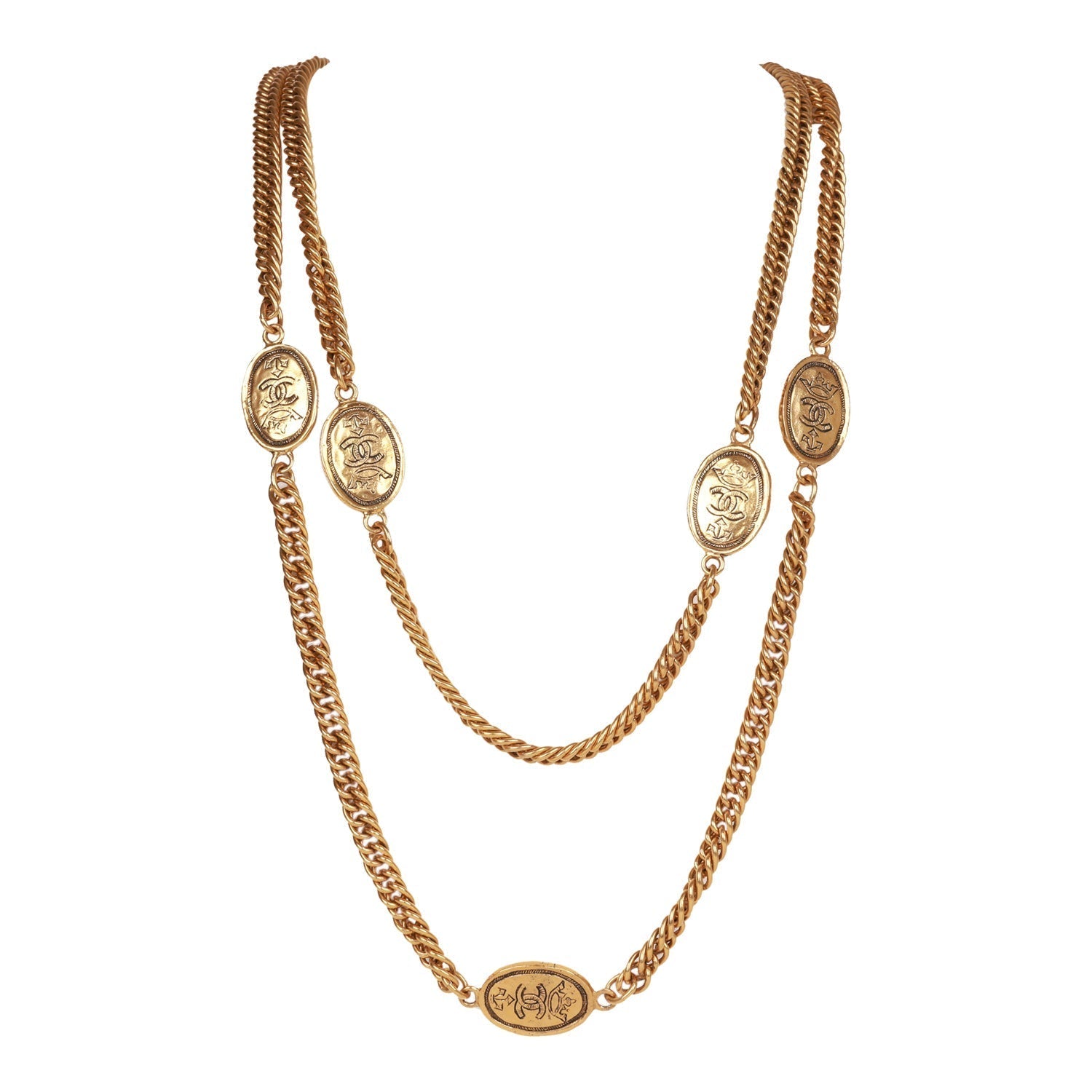 Vintage Chanel Gold Plated CC Oval Coin Charm Sautoir Necklace