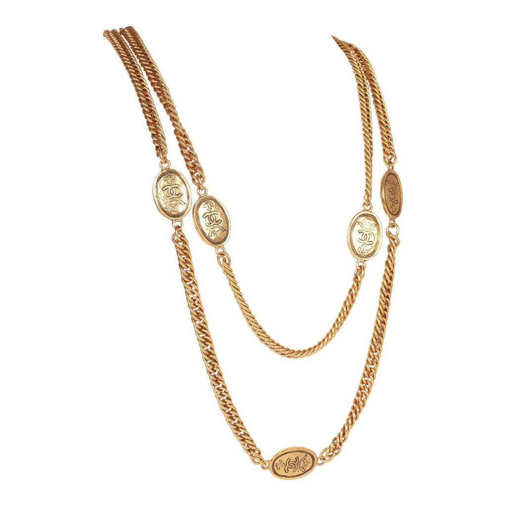 Vintage Chanel Gold Plated CC Oval Coin Charm Sautoir Necklace
