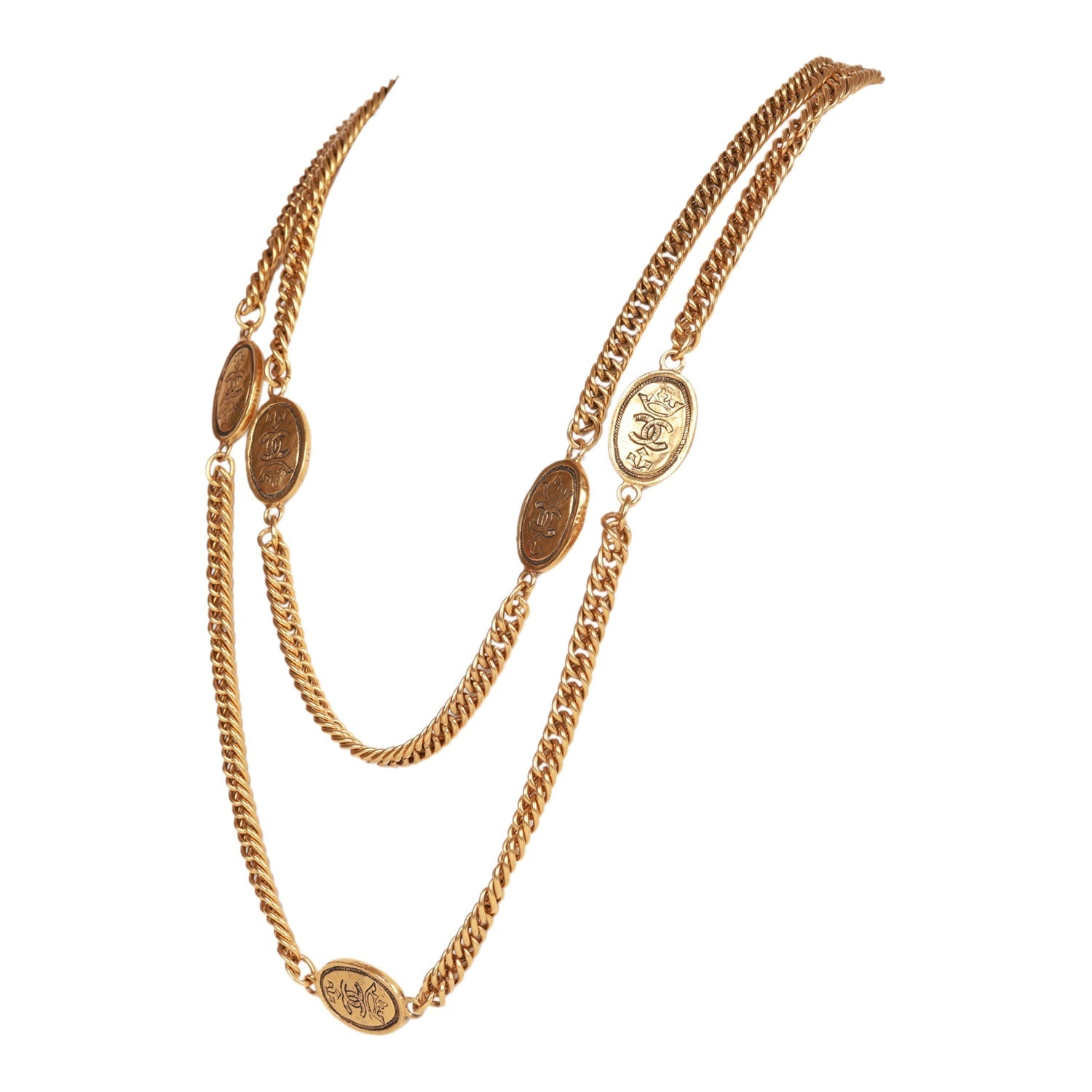 Vintage Chanel Gold Plated CC Oval Coin Charm Sautoir Necklace