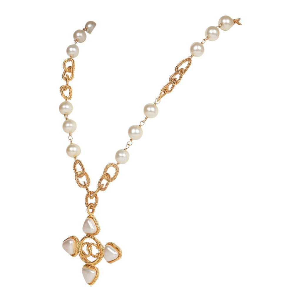 Vintage Chanel Gold Plated CC Faux Pearl Pendant Necklace