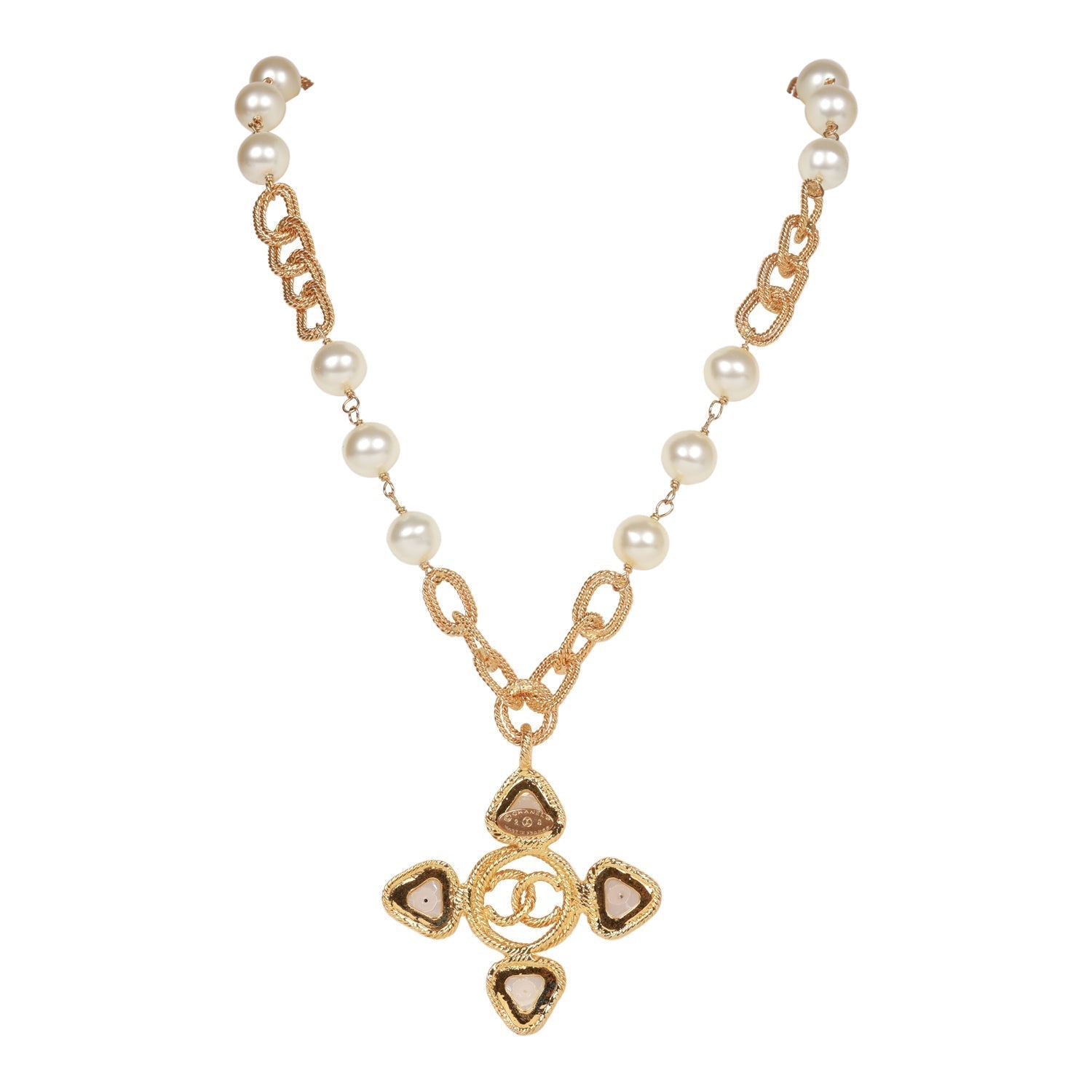 Vintage Chanel Gold Plated CC Faux Pearl Pendant Necklace