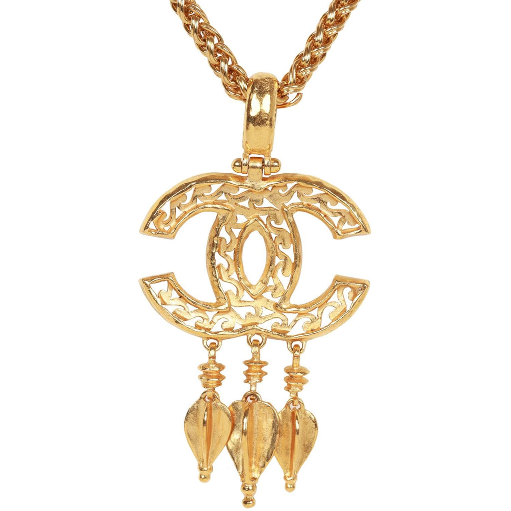 Vintage Chanel Gold Plated Fringe CC Pendant Necklace