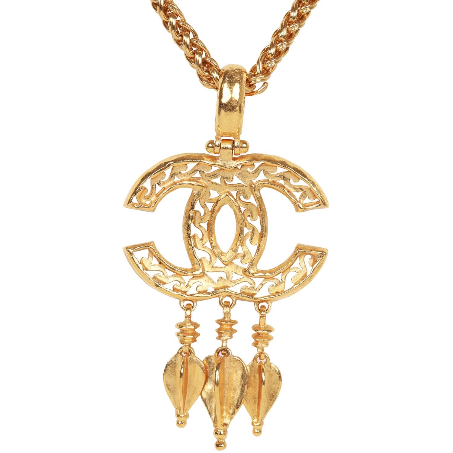 Vintage Chanel Gold Plated Fringe CC Pendant Necklace