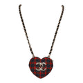 Chanel Red and Blue Plaid Heart Necklace Locket Light Gold Hardware