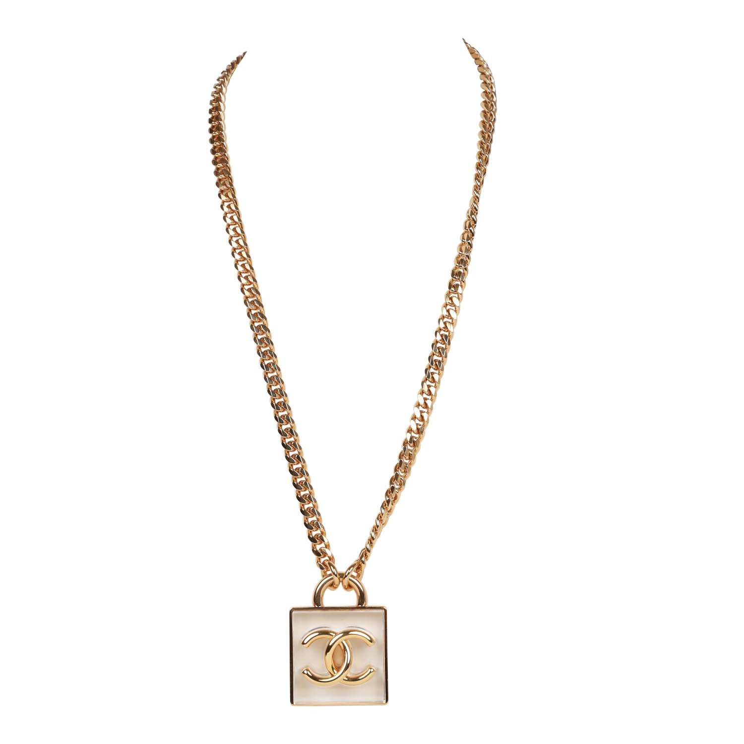 Chanel Gold Plated CC Square Pendant Necklace