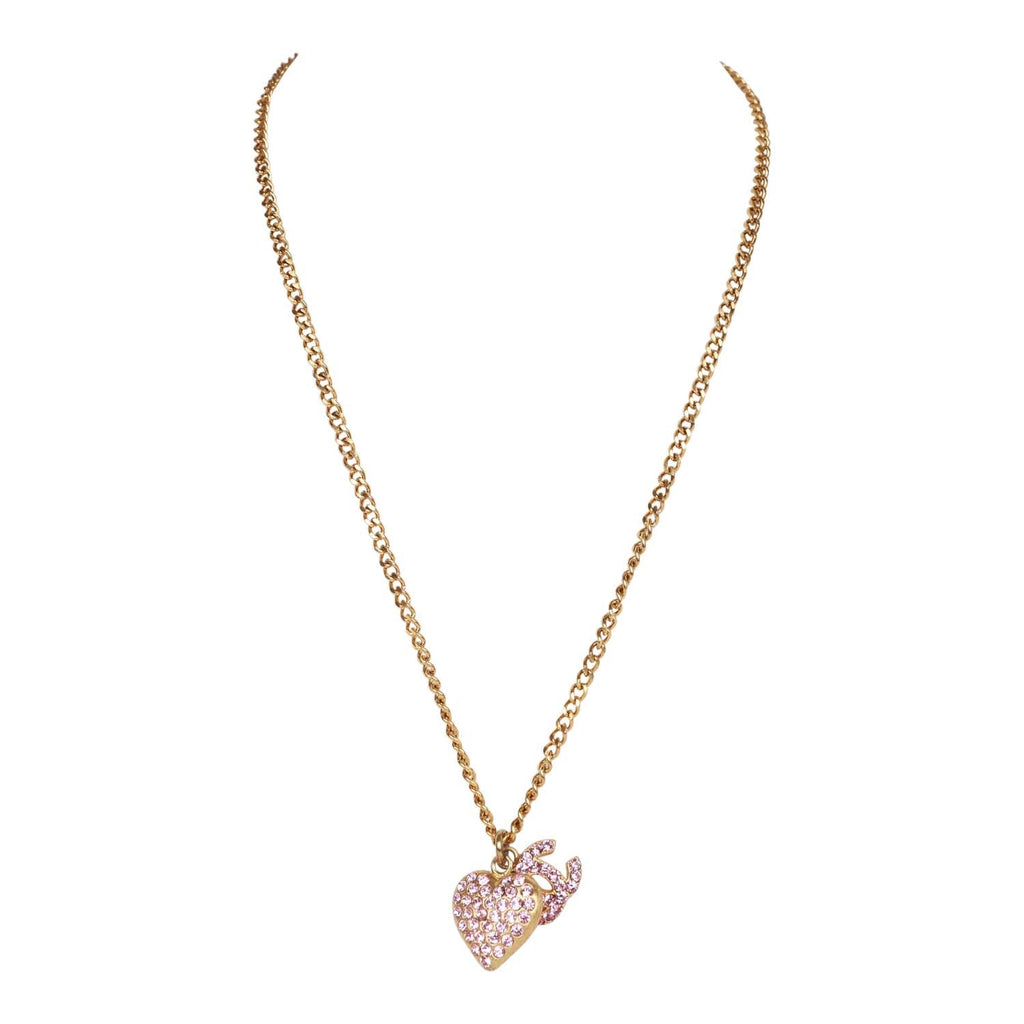 Vintage Chanel Gold Plated Pink Rhinestone CC Heart Pendant Necklace