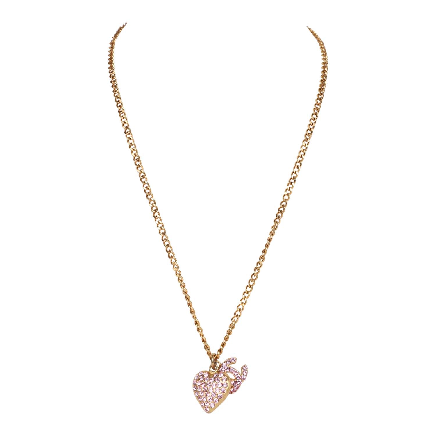 Vintage Chanel Gold Plated Pink Rhinestone CC Heart Pendant Necklace