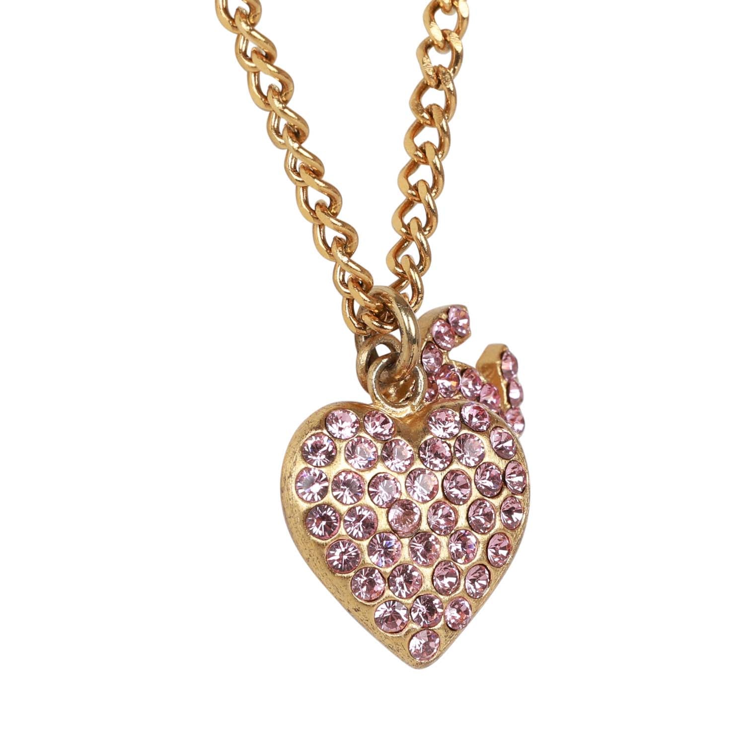 Vintage Chanel Gold Plated Pink Rhinestone CC Heart Pendant Necklace