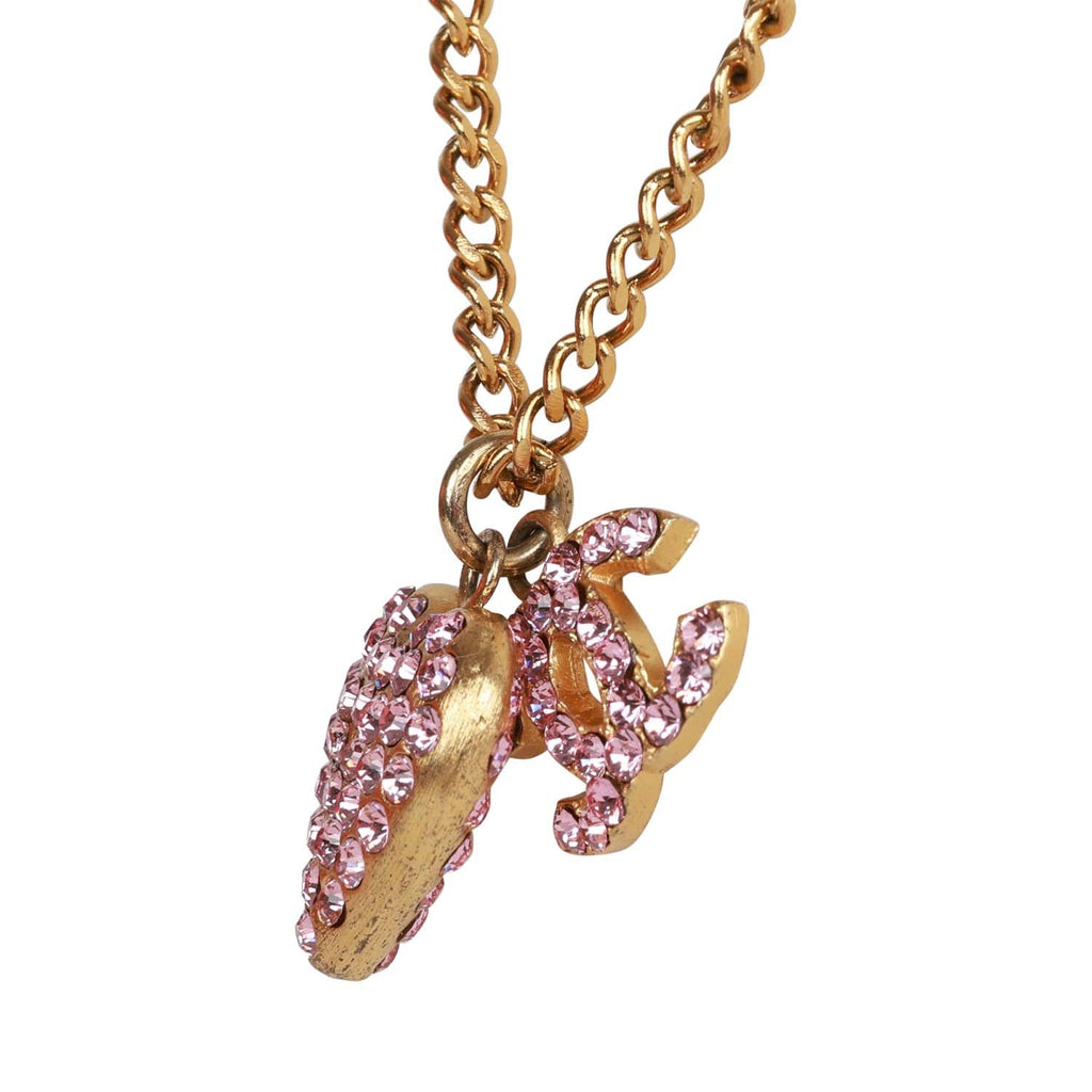 Vintage Chanel Gold Plated Pink Rhinestone CC Heart Pendant Necklace