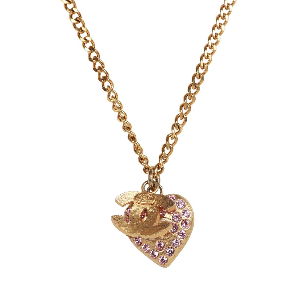Vintage Chanel Gold Plated Pink Rhinestone CC Heart Pendant Necklace