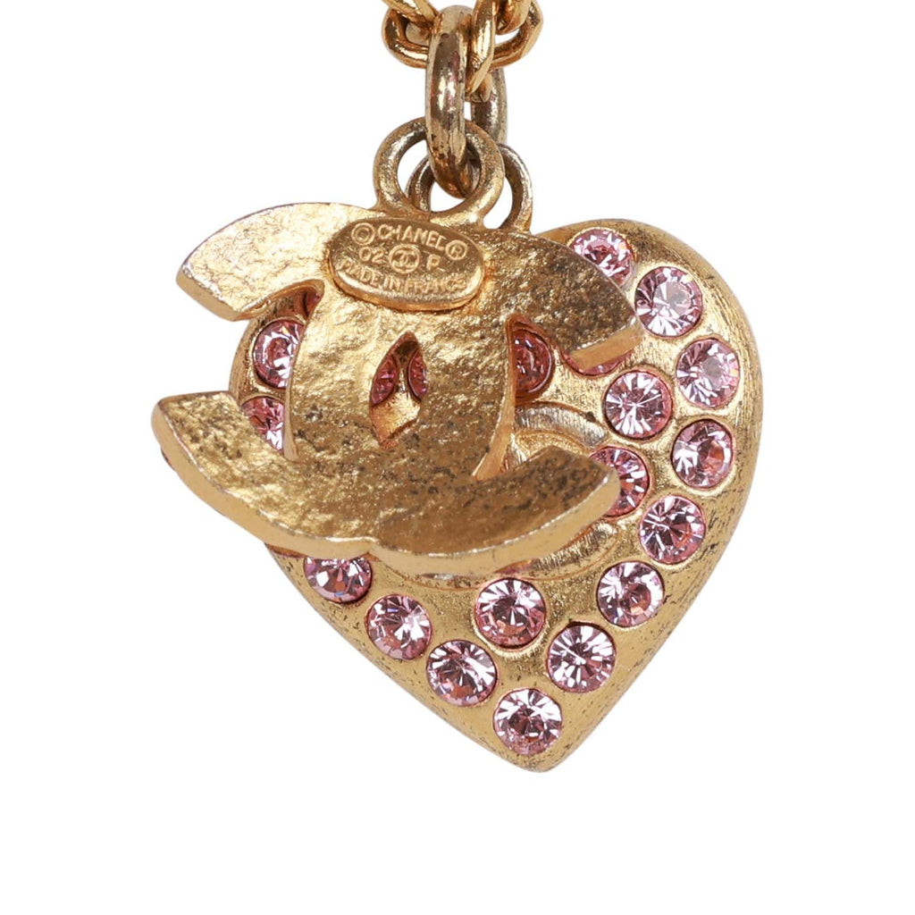 Vintage Chanel Gold Plated Pink Rhinestone CC Heart Pendant Necklace