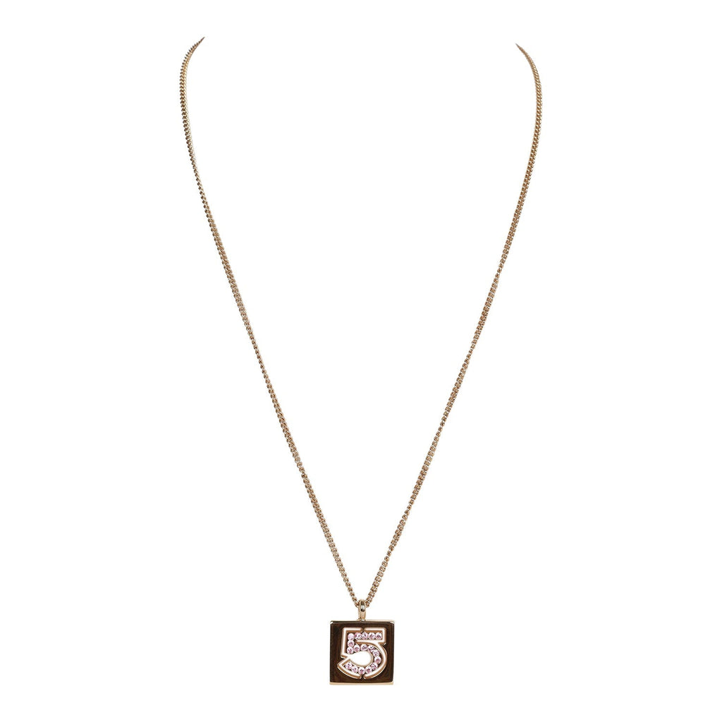 Vintage Chanel Vintage Pink No.5 Rhinestone Pendant Gold Necklace