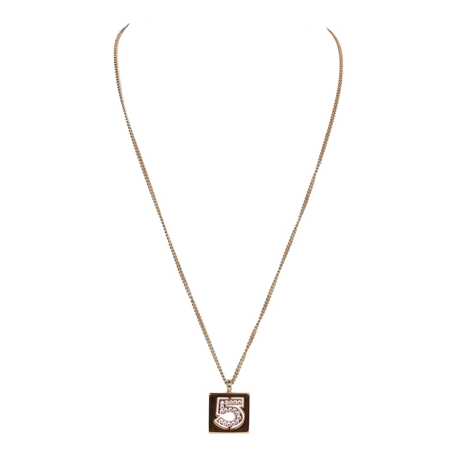 Vintage Chanel Vintage Pink No.5 Rhinestone Pendant Gold Necklace